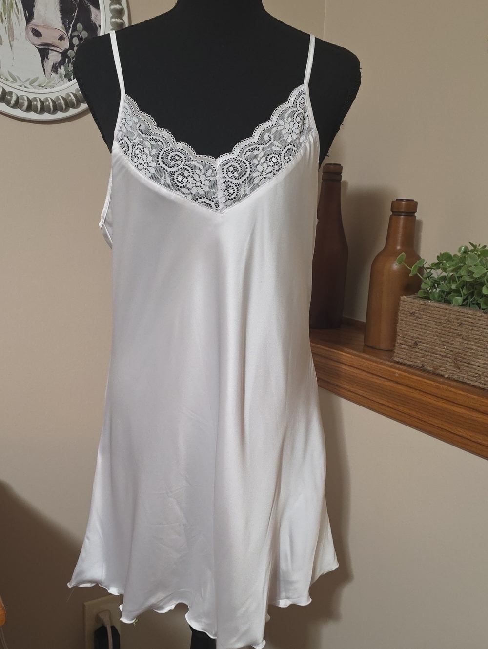 Women's White Satin Lace-Trim Slip Chemise